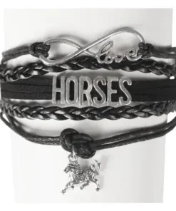 Leren paardenarmband infinity, love en bedel zwart