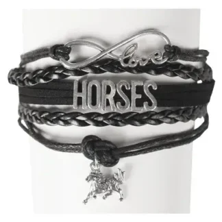 Leren paardenarmband infinity, love en bedel zwart